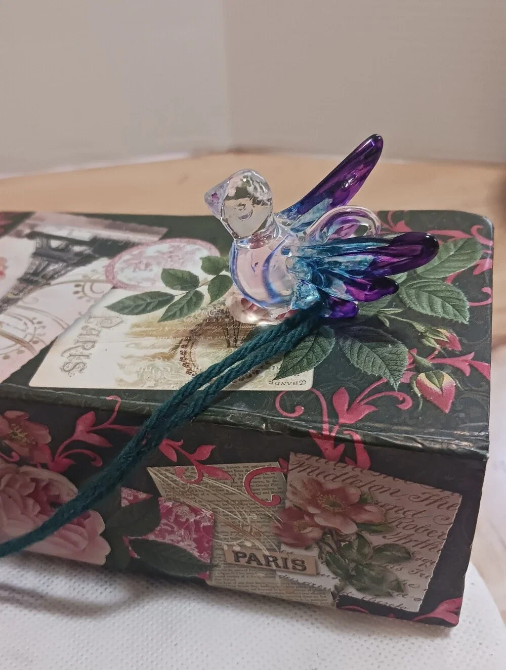 Glass Bird Necklace Pendant in Purple and Blue Blown, long Sting